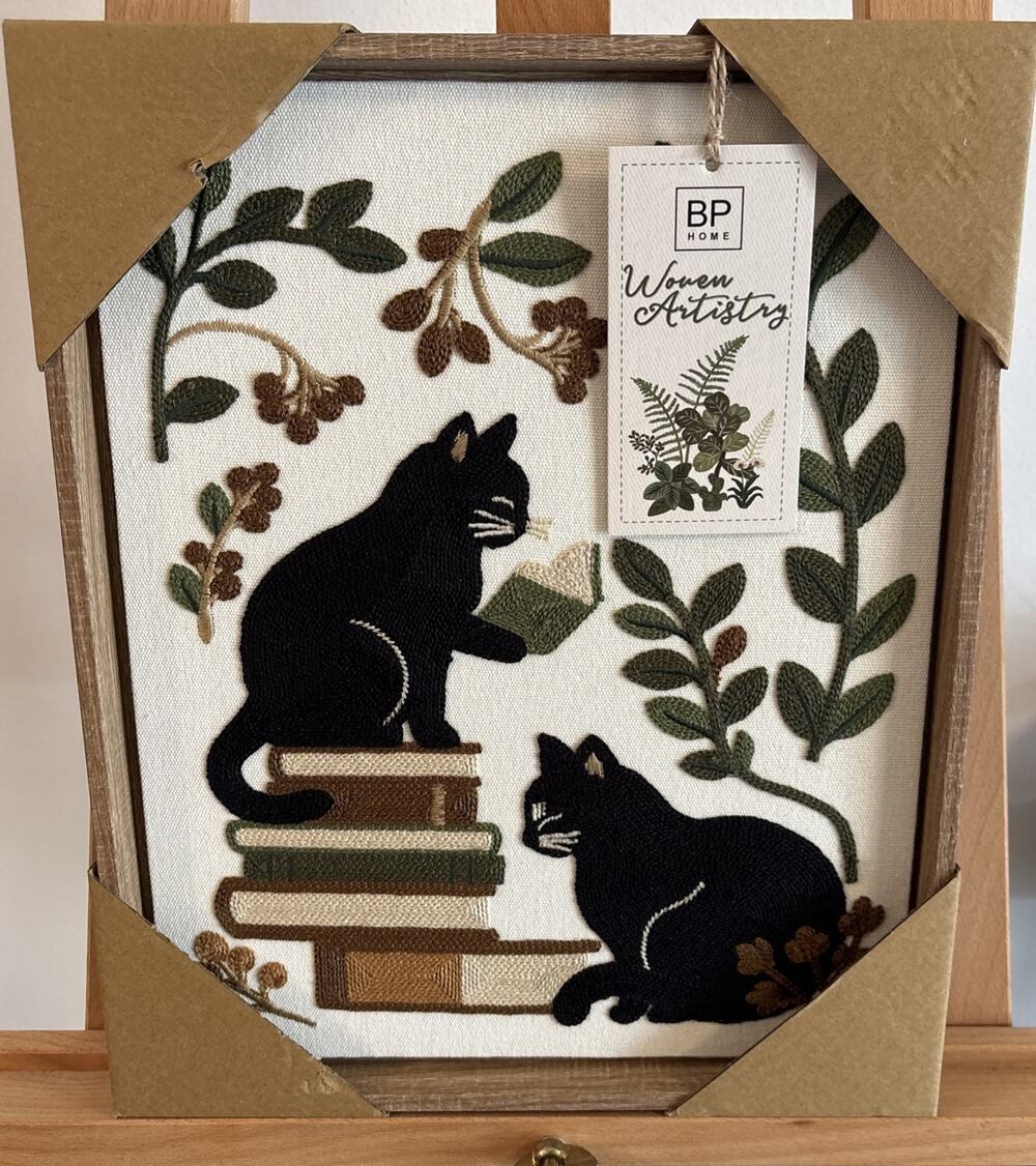 New BP HOME Woven Artistry Book Lover Black Cats Embroidered Wall Art 12x15